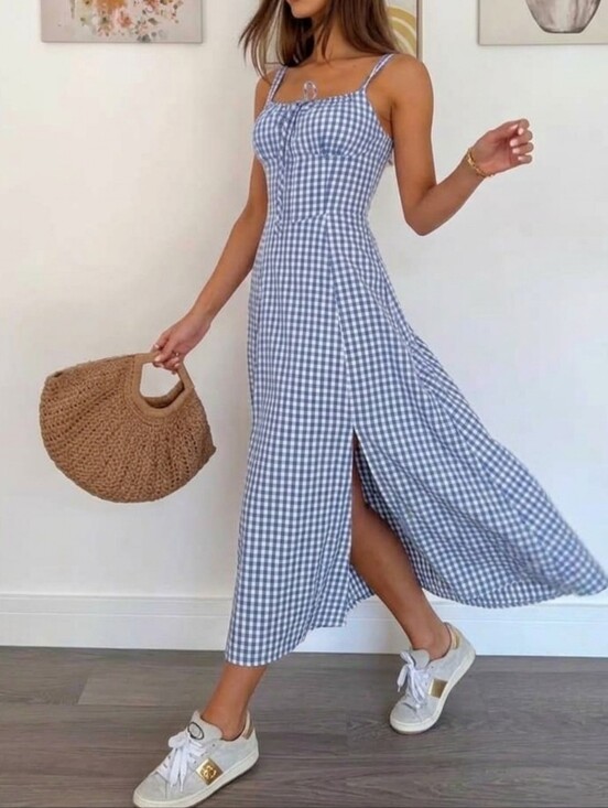 Boutique Dresses & Skirts - New Gingham Lace Up Back A Line Midi Dress Blue White Cotton